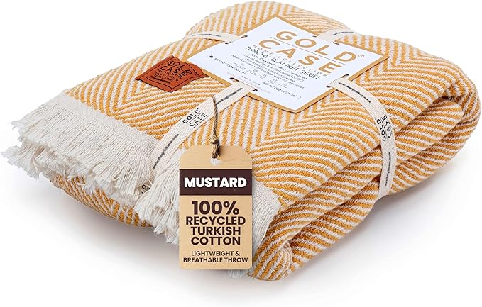 Gold Case Throw Blanket for Couch - 100% Recycled Turkish Cotton Blankets & Throws - Elegant Soft Throw Blankets for Living Room - Boho Decorative Woven Couch Blanket - 60x80 - Mustard
