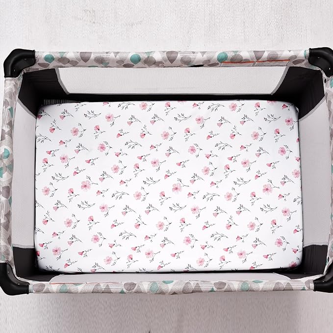 PHF 3 Pack Soft Mini Crib Sheets, Rose Floral Silky Pack N Play Sheets for Baby Boys Girls, Universal Fit for Pack N Play, Playard, Portable and Mini Crib Mattresses, Pink Floral