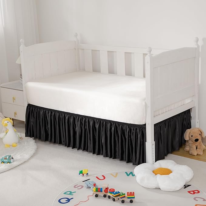 Black Satin Crib Bed Skirt, 52" x 28" with 14" Drop Silky Soft Baby Crib Skirt for Baby Girls or Boys, Fit for Standard Crib & Toddler Bedding