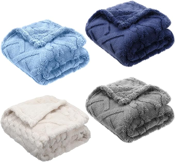 VitalCozy 4 Pcs Soft Fleece Baby Blankets Set 30" x 40" 3D Plush Warm Nursery Swaddling Bed Blanket Little Boys Girls Infant Toddlers and Newborn Receiving Gifts Blankets(Blue Set)