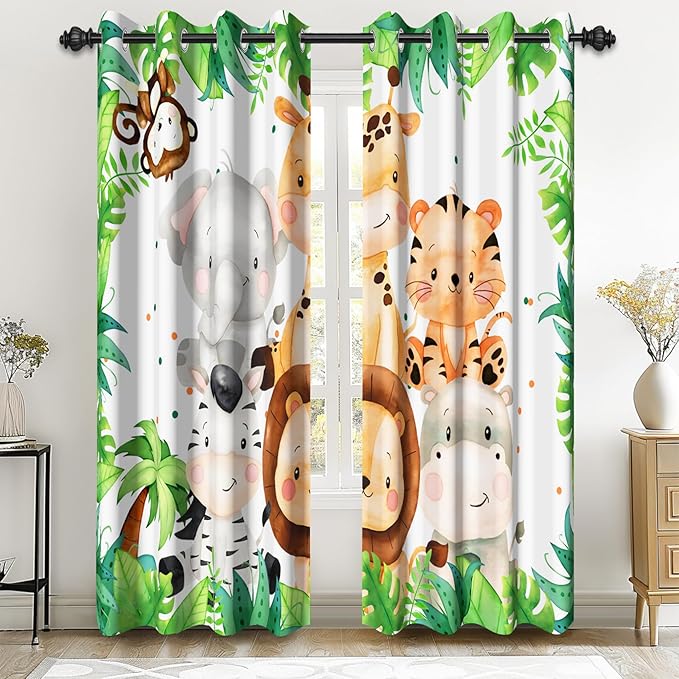Renaiss 42 x 96 Inch Safari Animal Curtains for Kids Tropical Rainforest Lions Tigers Elephants Giraffes African Jungle Tree Green Leaf Print Window Drapes for Nursery Baby Bedroom Playroom 2 Panels