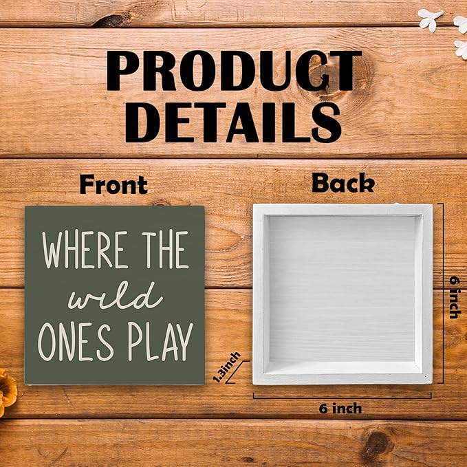 Where The Wild Ones Play Green Wood Box Sign Desk Decor 6x6, Nursery Kids Room Wooden Block Sign Decorations for Playroom Toddler Boys Girls Room Wall Tabletop Shelf Decor