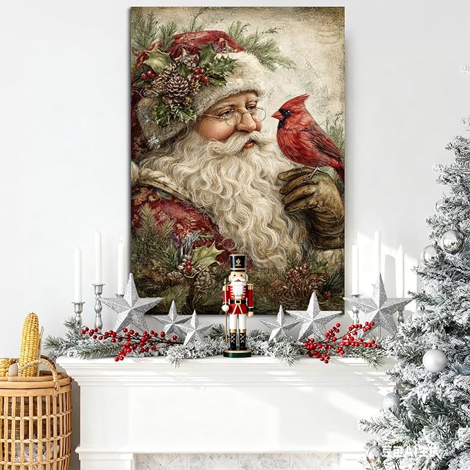 YONICA Christmas Canvas Wall Art Santa with Cardinal 20x30 Inch Vintage Style with Red Bird - Large Framed Gallery Wrapped Wildlife Art