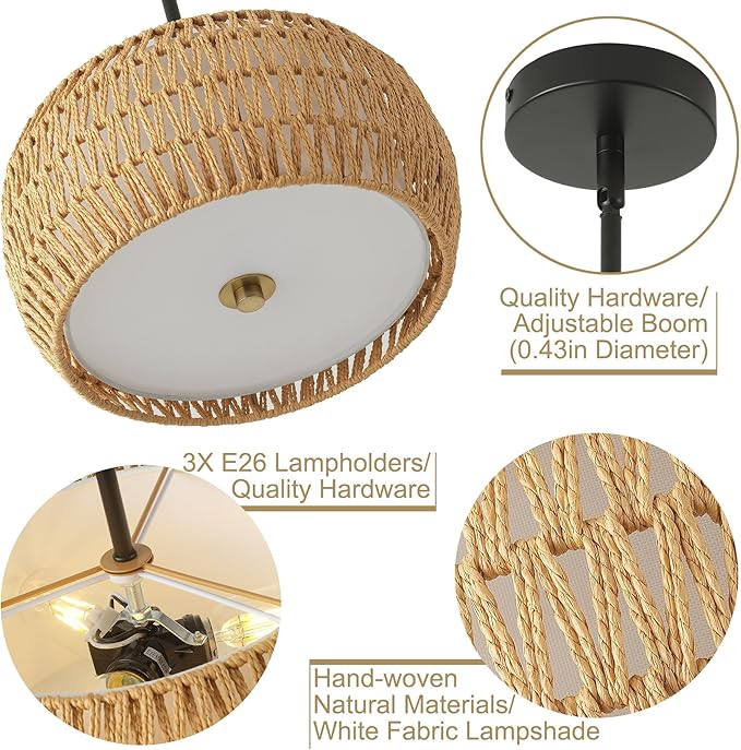 Rattan Pendant Light Kitchen Island,12.8" Hand-woven Modern Semi Flush Mount Ceiling Light Fixture,Boho Woven Lamp Shade Chandelier,Adjustable Farmhouse Hanging Light for Bedroom Bar Hallway