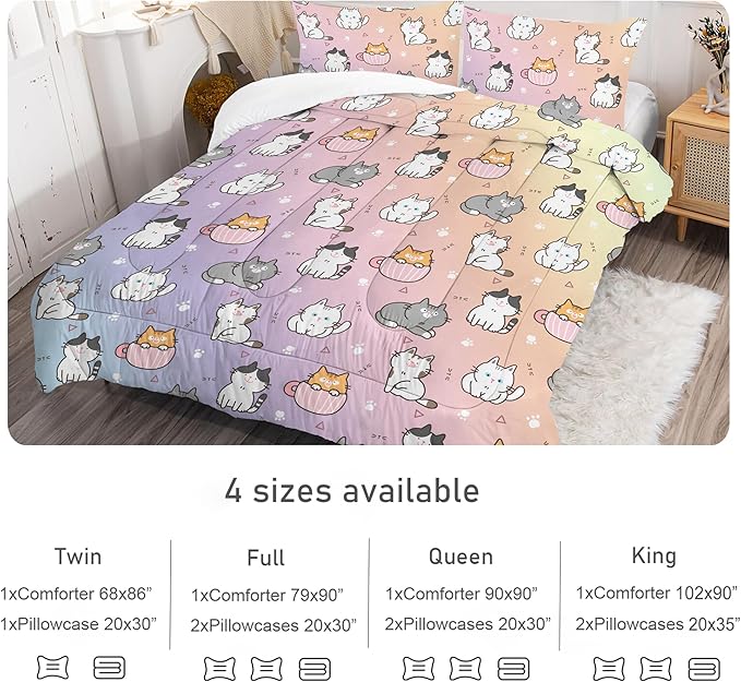 Cat Comforter Set Full: Cat Themed Rainbow Bedding Set Kawaii Colorful Kitten Quilts Pet Cats Bed Sets for Teen Girls Kids Women 1 Comforter & 2 Pillowcases