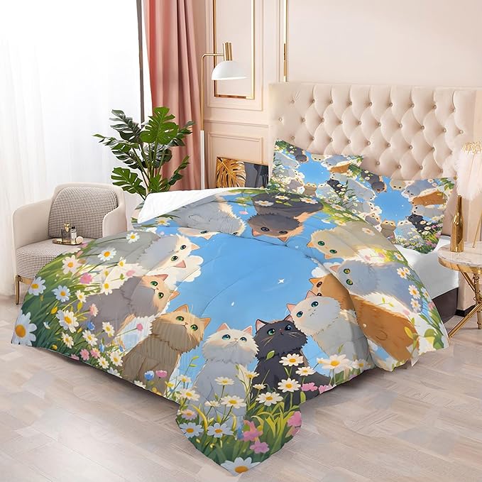 Floral Cat Comforter Set: Full Size Kawaii Cats Bedding Set Blue Sky Daisy Kitten Quilt for Teen Girls Women Kids Cartoon Flowers Feline Cute Bed Sets 3 Piece