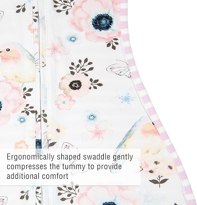 Woombie Original Baby Swaddling Blanket - Self-Soothing, Cotton Baby Swaddle with Zipper - Wearable Newborn Blanket, Birdie Front/Stripes Back, 5-13 lbs