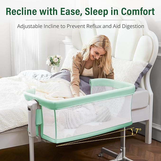 Baby Bassinet Bedside Sleeper 3-in-1, Easy Night Feeding with One-Side Fold & Rolling Wheels, Breathable Mesh, 6-Height Adjustable, Soft Mattress for Newborns