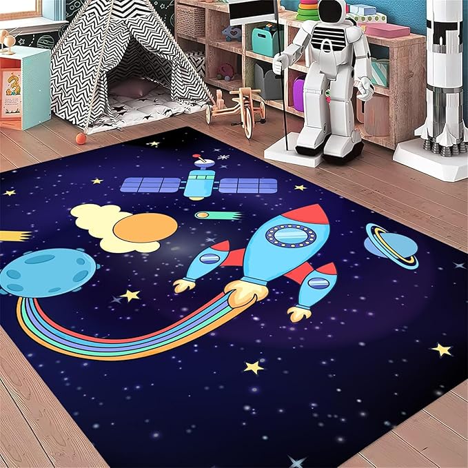 Outer Space Themed Rug,4x6ft,with Cartoon Planets,Stars and Rocket Design Rugs, Suitable for Playroom Bedroom Printed Rug, Non-Slip Machine Washable Carpet, Children's Room Decor