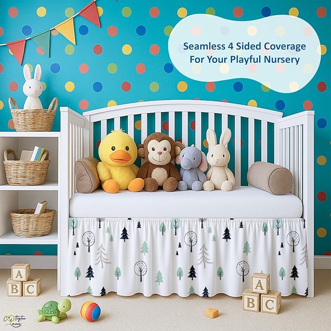 Cottington Lane Crib Skirt Dust Ruffle, 100% Natural Cotton, Soft, Durable Nursery Crib Toddler Bedding Skirt for Baby Girls or Boys, Fits Standard Cribs 28" x 52" with 14" Drop, Winter Forest