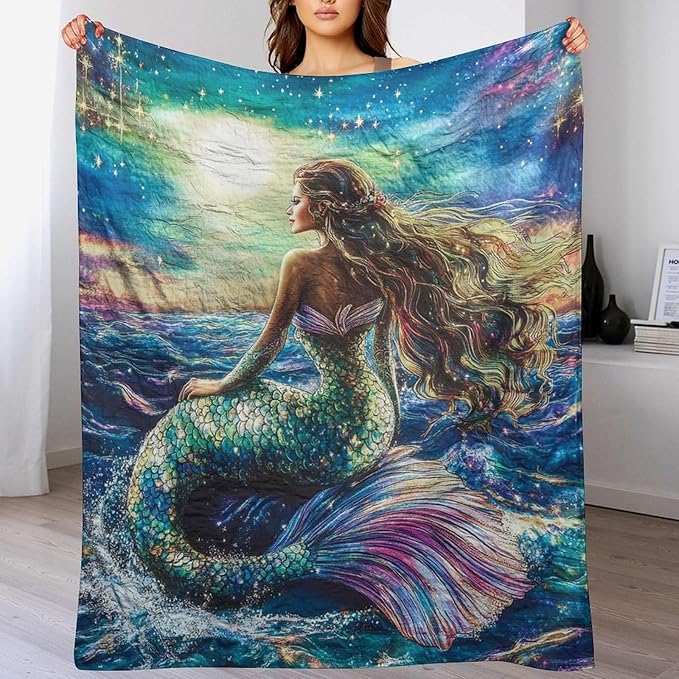 Mermaid Blanket Navy Mermaids Gifts for Girls Boys Woman Kids Ocean Mermaid Lover Coastal Throw Blankets Soft Blanket Warm Fleece Flannel Plush Blankets for Bed Sofa Couch 60"x80"