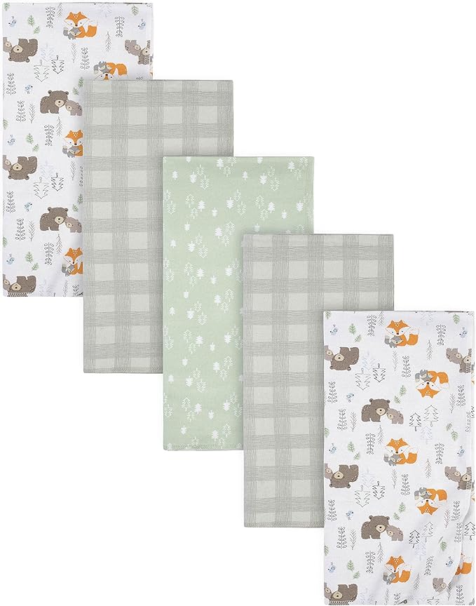 Gerber Boys Newborn Infant Baby Toddler Nursery 100% Cotton Flannel Receiving Swaddle Blanket, Woodland White, Pack of 5