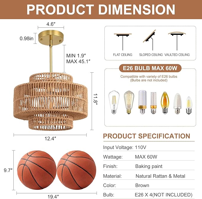 12.4”Boho Rattan Chandelier for Dining Room, 1-Light Hand Woven Pendant Light Fixture Farmhouse Rustic Ceiling Hanging for Kitchen Island Bedroom Living Room Nursery Foyer