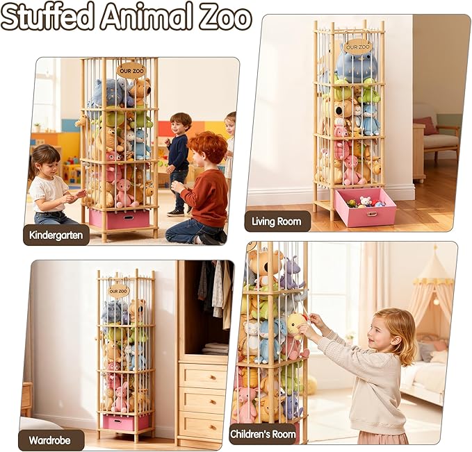 Brelley Stuffed Animal Storage Wood Toy Storage Organizer with Drawer, Large Toy Chest Stuffed animal holder for Kids Nursery Playroom Bedroom