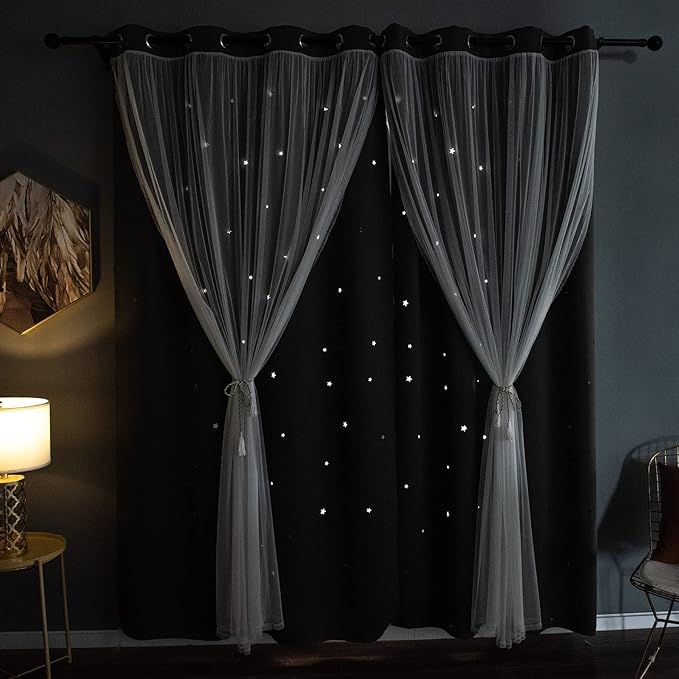 Kinryb Kids Blackout Curtains for Bedroom/Living Room/Classroom, Sheer Overlay Extra Long 2 Panel Set, Double Layer Curtains with Star Cutout for Kids Room(W 52 x L 108 Inches,Grey 2 Pcs)