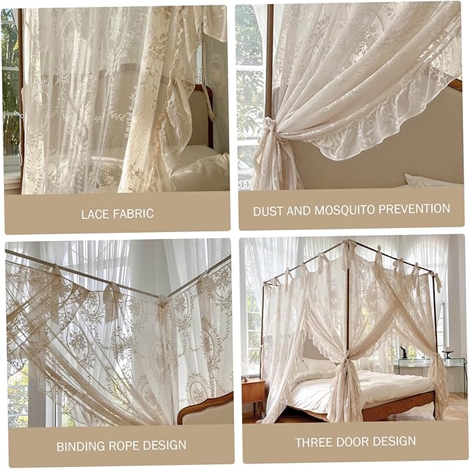 Bed Canopy, 4 Corner Post Canopy Bed Curtains, Lace Mosquito Net for 1.5m/4.92ft Beds, Beige (Frame Not Included), Mosquito Netting Tent