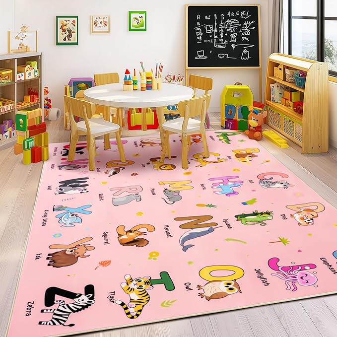 Kids Rugs for Playroom, 7x9 Feet Educational Rug for Learn The ABC Alphabet, Soft Machine Washable Non-Slip Cute Cartoon Animals Carpet for Classroom Toddler Nursery Kids Room Decor, Pink