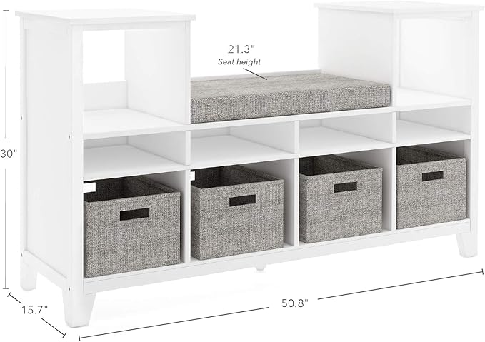 Martha Stewart Kids' Reading Nook - Linen White: Wooden Storage Bench Bookshelf Organizer with Seat Cushion, and Fabric Bins for Toys, Books, Art - Bedroom or Playroom Cubby