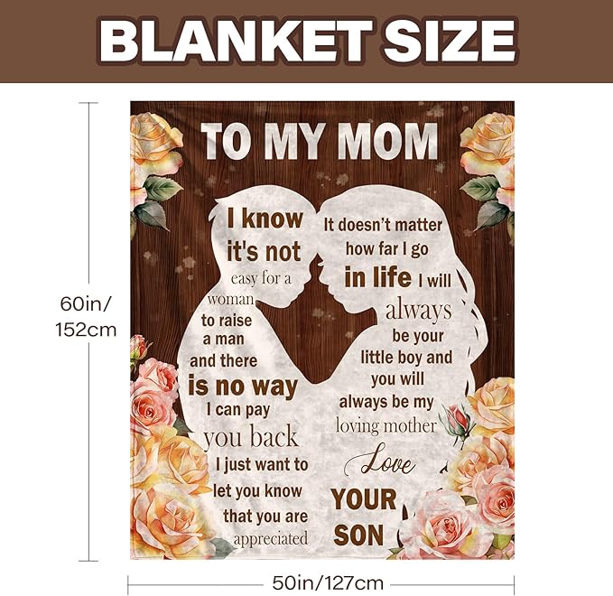 Gifts for Mom from Son, I Love You Mom Blanket, Mother Gifts for Christmas Thanksgiving, Soft Flannel Blanket for Mother for Birthday Mothers Day 50" x 60"