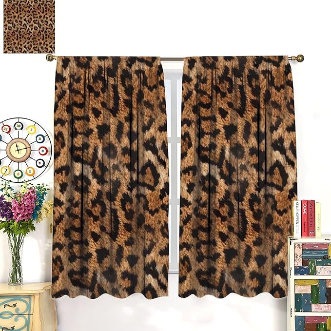 Leopard Print Window Curtains, Animal Fur Skin Brown Farmhouse Wild 3D Rustic Safari Theme Window Treatments for Kids Bedroom Living Room 42" W X 45" L