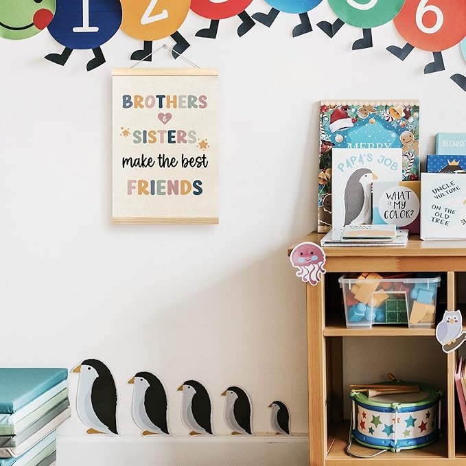 TLESKE Kids Room Playroom Poster Hanger Frame, Brothers Sisters Make the Best Friends Hanging Wall Art Decor for Kids Bedroom Nursery Playroom, Baby Room Wall Prints Picture Artwork Banner, 12x16