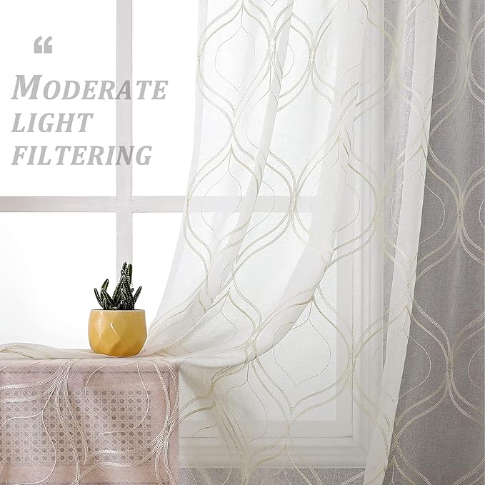 VISIONTEX White Sheer Curtains 72 Inches Long 2 Panels Set Beige Moroccan Embroidered Curtains Trellis French Textured Rod Pocket Voile Tulle Semi Window Drapes for Bedroom Living Room 54 x 72 Inches