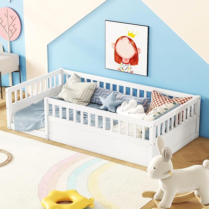 Bellemave Kids Montessori Floor Bed,Twin Size Floor Bed with High Fence and Door,Twin Bed Frame with Guardrails for Kids,Girls,Boys,Twin,White