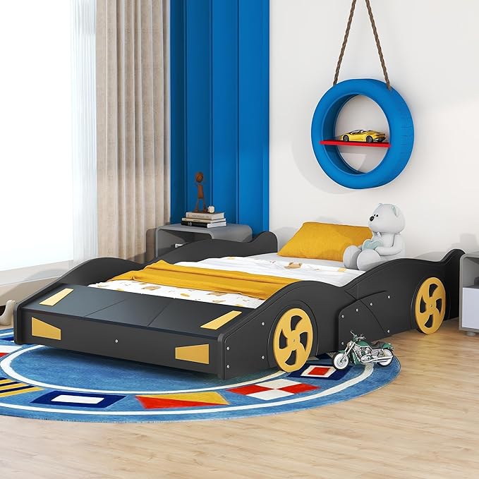 Harper & Bright Designs Full Size Race Car-Shaped Platform Bed with Wheels and Storage, Black+Yellow