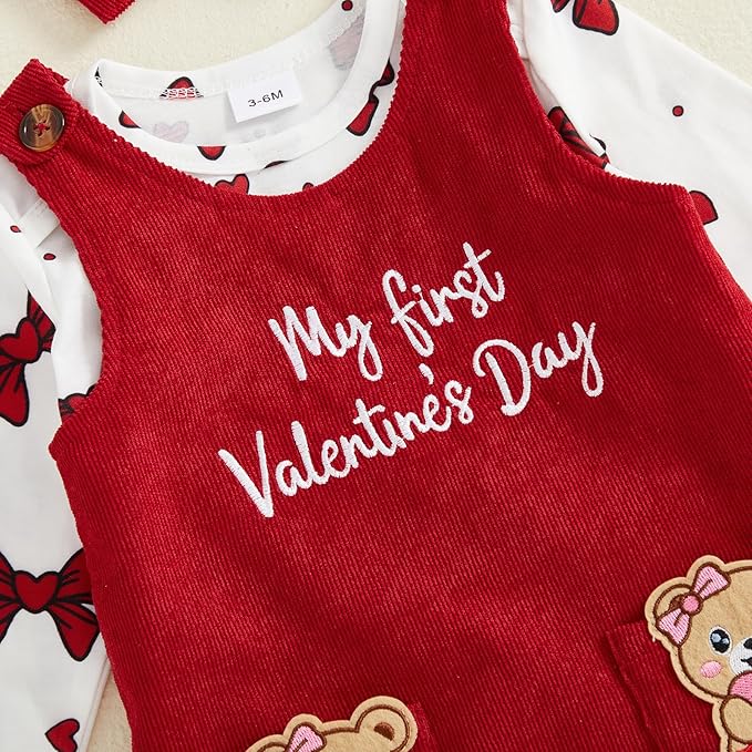 FIOMVA My First Valentines Day Outfit Clothes Baby Girl Romper Love Onesie Heart Embroidery Overalls Suspender Dress Set
