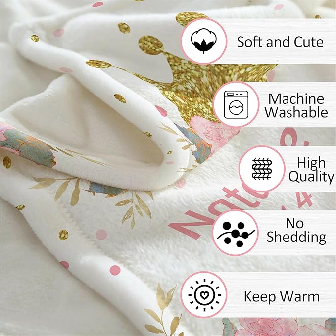 Ship Next Day, Personalized Baby Blanket For Girls, Custom Baby Receiving Blanket With Name, Newborn Swaddle Toddlers Blankets, Customized Crown Flower Kids Blankets For Babies Shower Birthday Gifts