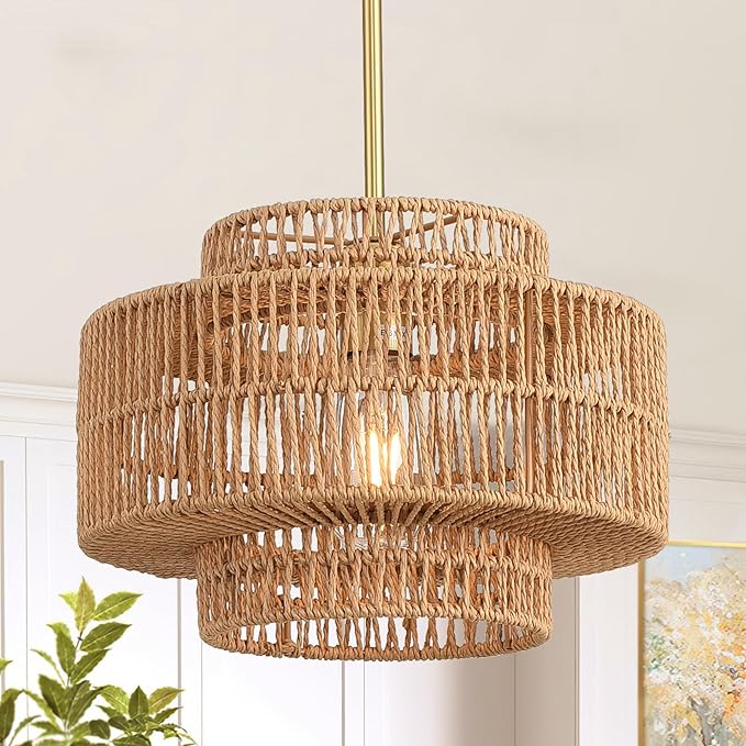12.4”Boho Rattan Chandelier for Dining Room, 1-Light Hand Woven Pendant Light Fixture Farmhouse Rustic Ceiling Hanging for Kitchen Island Bedroom Living Room Nursery Foyer