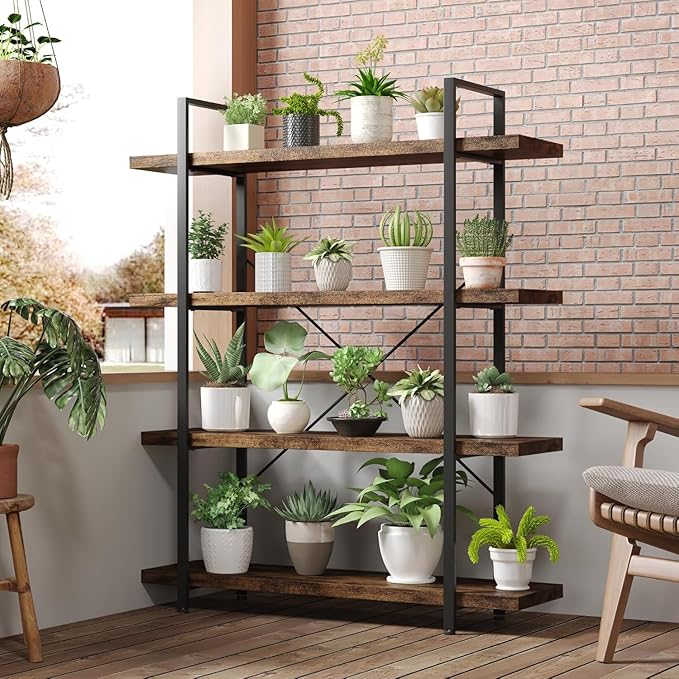 4 Tier Bookcase, 47 Inch Wide Wood Bookshelf, 120lbs Shelf Capacity, Rustic Open Shelving Industrial Display with Reinforced Horizontal Brown Shelves for Living Room Bedroom Office 2 Set