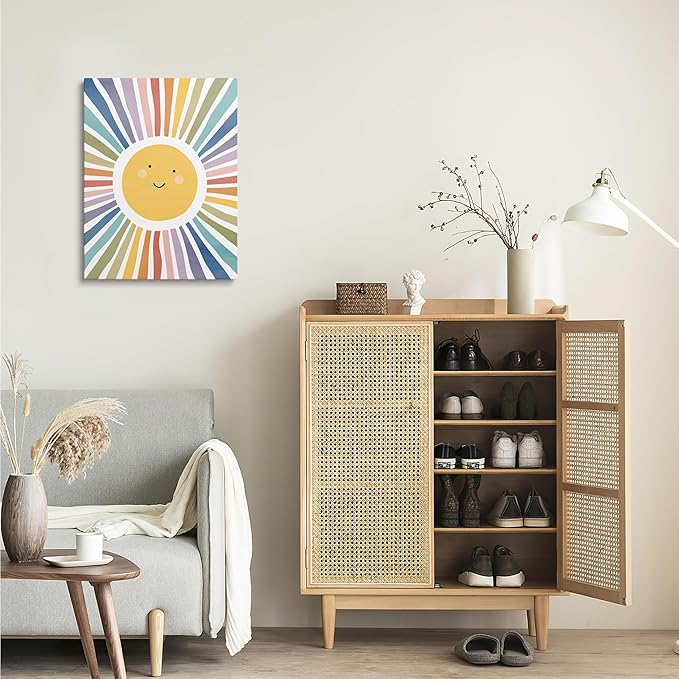 XWELLDAN Cute Cartoon Smiling Sun Cheerful Nursery Wall Art Canvas Prints, Boho Watercolor Neutral Sun Sunshine Wall Art Decor for Kids Baby Bedroom Nursery Playroom, 11 x 14 Inch, Framed