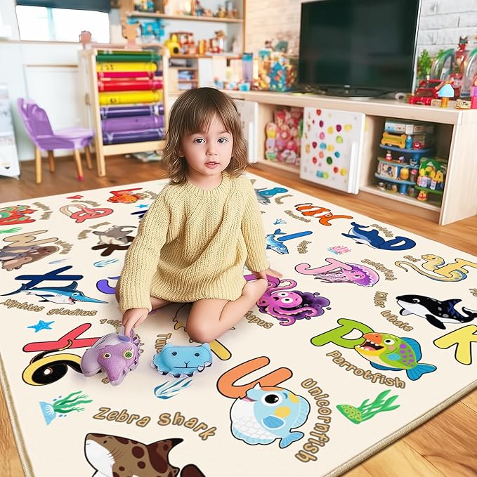 Kids Rugs for Playroom, 4x5 Feet Educational Rug for Learn The ABC Alphabet, Soft Machine Washable Non-Slip Cute Marine Organisms Carpet for Classroom Toddler Nursery Kids Room Decor, Beige
