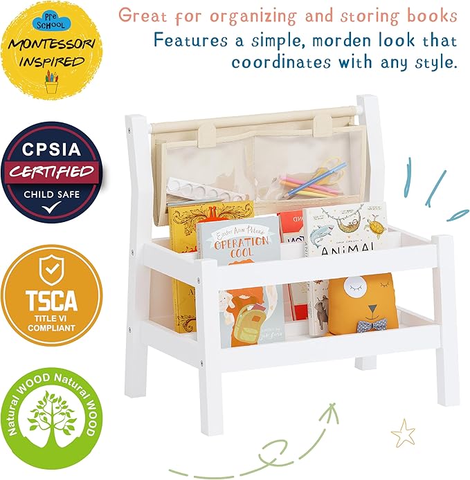 Spirich Montessori Kids Bookshelf, Floor Book Shelf for Kids Rooms, Toddler Book Caddy with Clear Pouch,Baby Book Display, Children Bookcase for Classroom Nursery, White