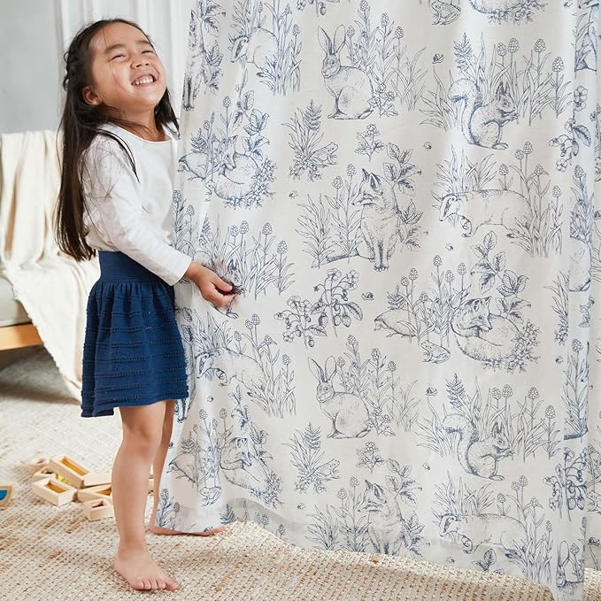 jinchan Linen Nursery Curtains 84 inch Long Woodland Wildlife Blue Print Drapes for Kid's Room Light Filtering French Country Farmhouse Curtains with Bunny and Forest Design Set of 2 Panels