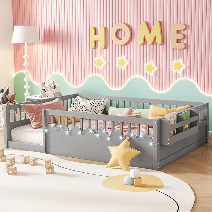 Full Size Floor Bed for Kids, Wood Montessori Floor Bed Full with High Rails & Storage Shelf, Baby Floor Beds with LED Light for Boys & Girls, Gray