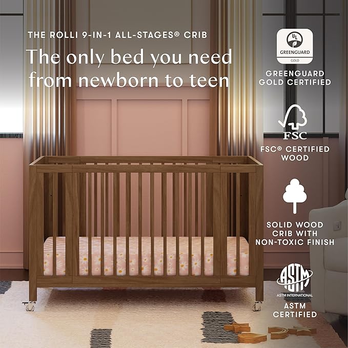 babyletto Rolli Convertible All-Stages® Bassinet and Full-Size Crib in Natural Walnut, Greenguard Gold Certified, FSC Certified, Portable & Adjustable with Conversion Kits and Pads Included