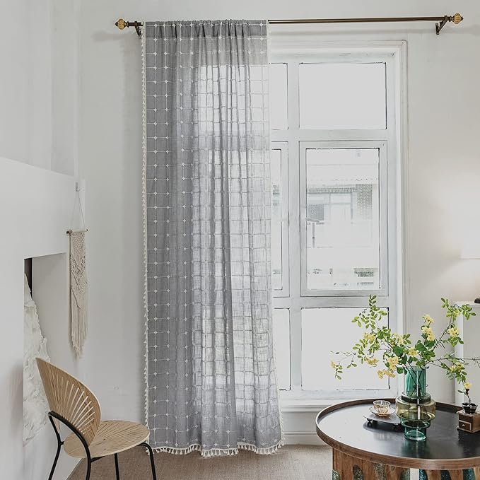 Deeprove Boho Curtains 84 Inches Long for Bedroom Kitchen, Cotton Linen Gray Plaids Embroidered Semi Blackout Bohemian Farmhouse Window Treatment Grids Drape Tassels, 1 Panel W52 x L84 Grey
