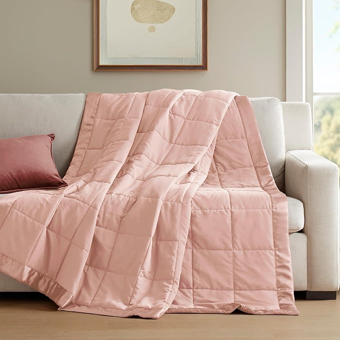 Madison Park Windom Down Alternative Blanket, Premium 3M Scotchgard Moisture Wicking Treatment, Lightweight and Soft Bed Cover For All Season, Satin Trim, Blush Full/Queen