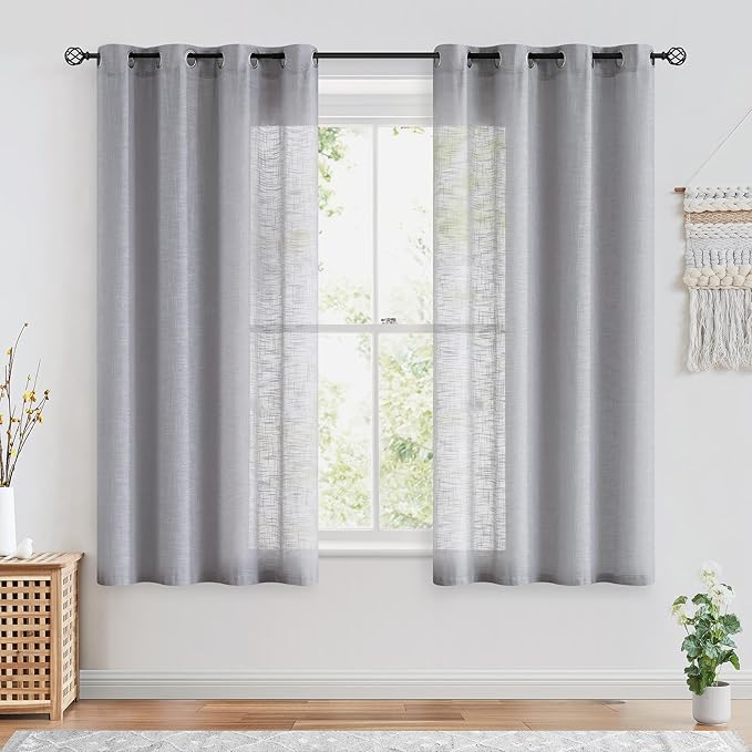 FMFUNCTEX Linen Semi Sheer Curtains for Bedroom, Grey Curtains 45 Inches Long for Living Room, Country Farmhouse Sheer Short Drapes, Light Filtering Window Curtain, Grommet Top 2 Panels