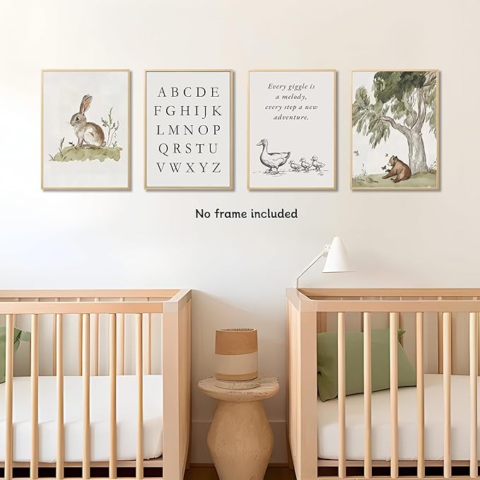 Nursery Gallery Wall Art Animal Canvas Prints Vintage Rustic Poster Set for Kids’ Room Decor Alphabet Inspirational Quotes Wall Art Neutral Baby Room Painting Unframed16x24 Inches