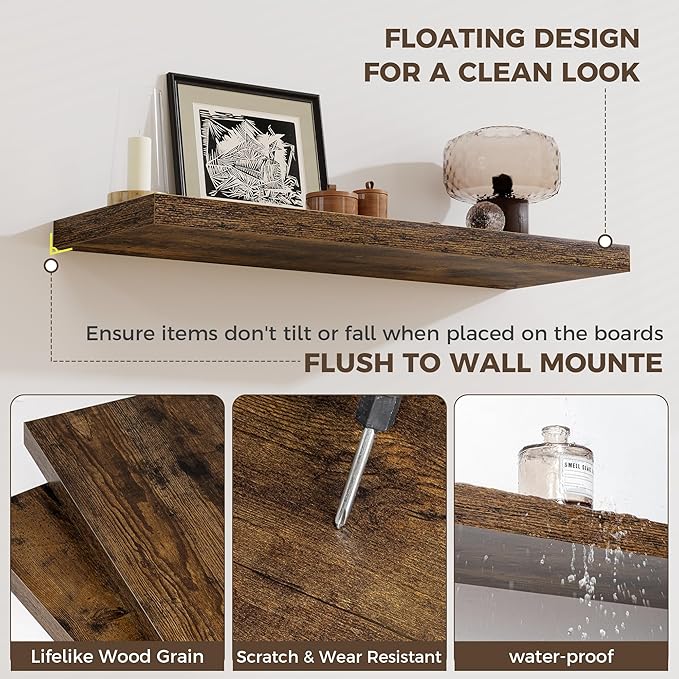 Fun Memories 12 Deep Floating Shelves for Wall | 30W x 12D Large Floating Shelves | 3 Pack Storage Space Wall Mount Shelf for Living Room Bathroom Toilet Laundry Room Kitchen Home Office - Brown
