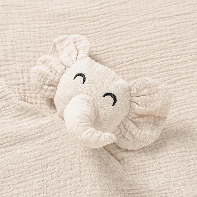 Organic Cotton Muslin Loveys for Babies,Security Blankets for Baby Lovey,Newborn Baby Gifts for Boys and Girls (Elephant-Khaki)
