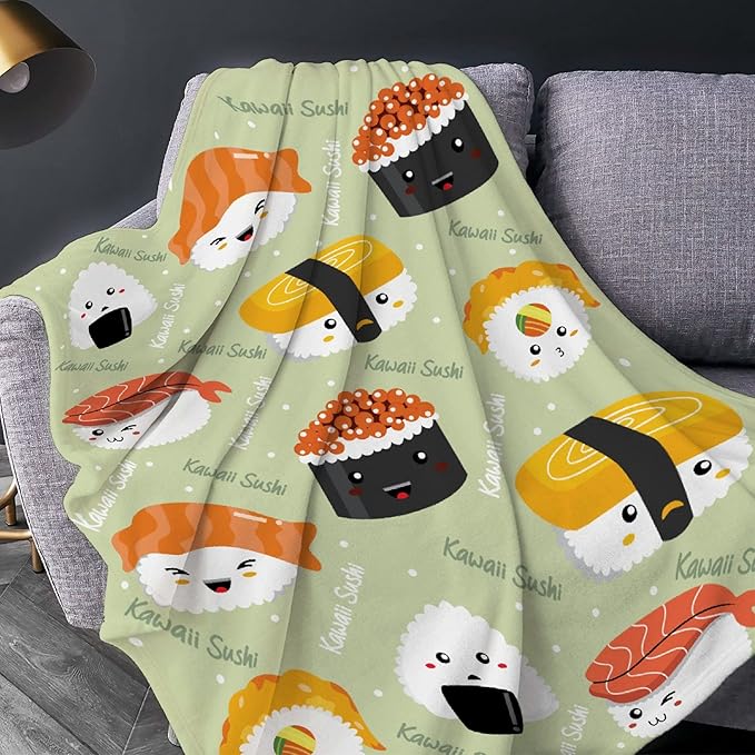 Thuswarm Cute Sushi Kawaii Flannel Throw Blanket Warm Cozy Soft Cartoon Food Print Blankets for Bed Couch Sofa Room Decoration Gifts 40”×30” XSmall for Pets