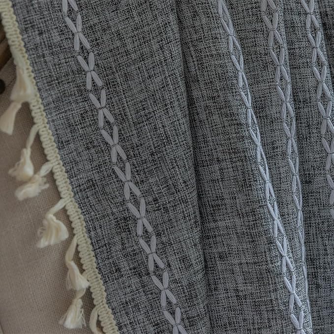 Deeprove Dark Coal Grey Boho Curtains 72 inches Length, Vintage Bohemian Embroidery Farmhouse Cotton Linen Fringe Window Treatments Nursery Bedroom Living Room Dinging Room Decor, W52 x L72, 1 Panel