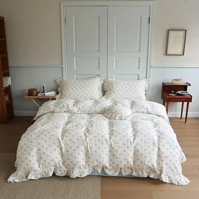 BuLuTu Chic Shabby Vintage Floral Duvet Cover Twin for Kids Girls Boys 100% Cotton Muslin Ruffled Quilt Cover Twin, 68"x86", Freesia Print, Soft Breathable, Zipper Closure, No Pillowcase