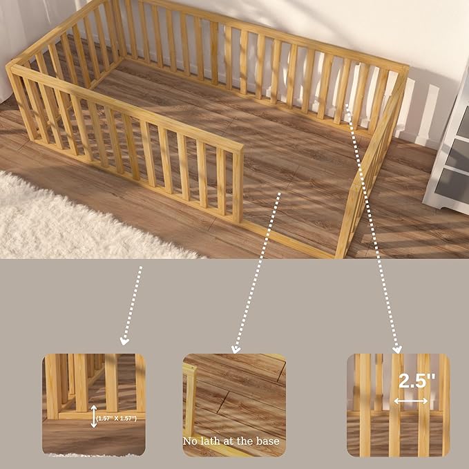 Montessori Floor Bed for Kids 27.5'' x 53'' Crib | Toodlers Floor Bed with Safety Guardrails | Pine Wood Baby Bed | Sturdy Wood Frame Bed for Girls and Boys (Crib, Height : 19 Inches)