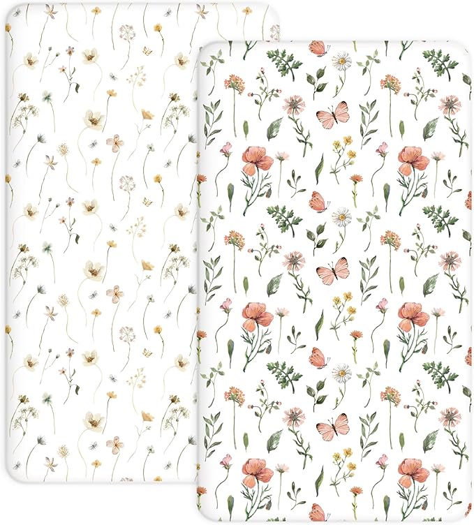 Crib Sheets for Boys and Girls, 2 Pack Fitted Baby Sheets for Standard Toddler Mattress 28" x 52", Soft Breathable Jersey Knit Baby Bedding (Butterfly Garden)