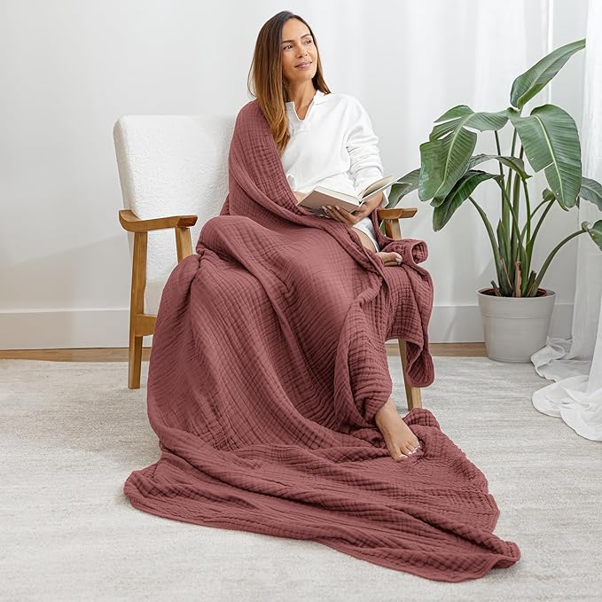 Comfy Cubs Muslin Blanket for Adults Twin 90" x 66" - 6 Layer Soft, Breathable & Lightweight Muslin Adult Blanket - Machine Washable & Designed in The US Bedding for All Seasons - Wine